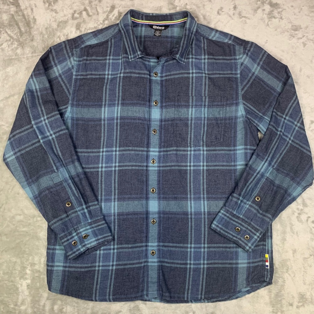 Sherpa Adventure Gear Batsa Eco Blue Plaid Flannel Shirt Mens Large Long Sleeve